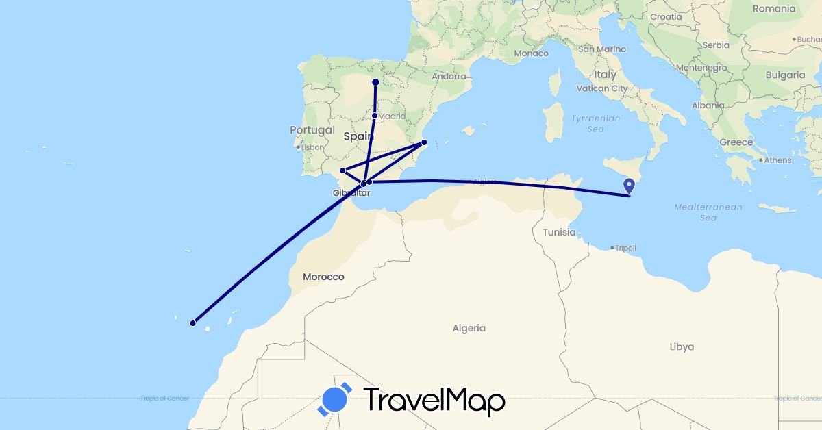 TravelMap itinerary: driving in Spain, Malta (Europe)